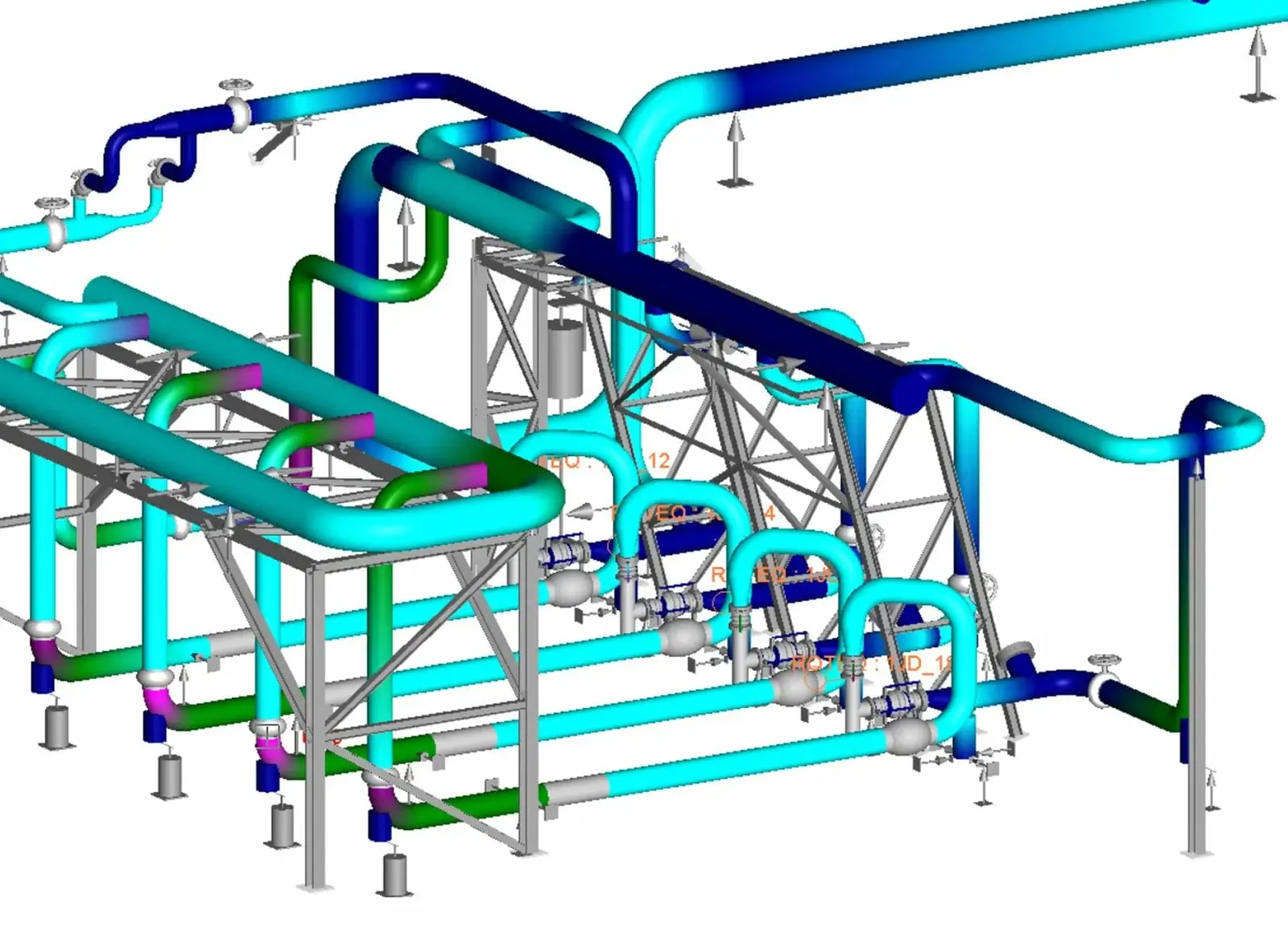 AutoPIPE 3D piping model with stress levels shown in color