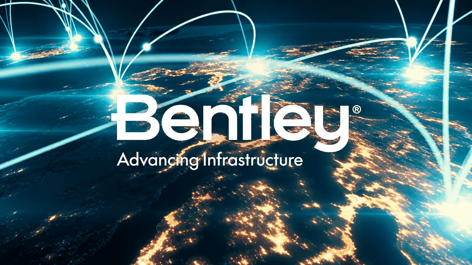 Bentley logo with the tagline Advancing Infrastructure over a night-time view of connected cities