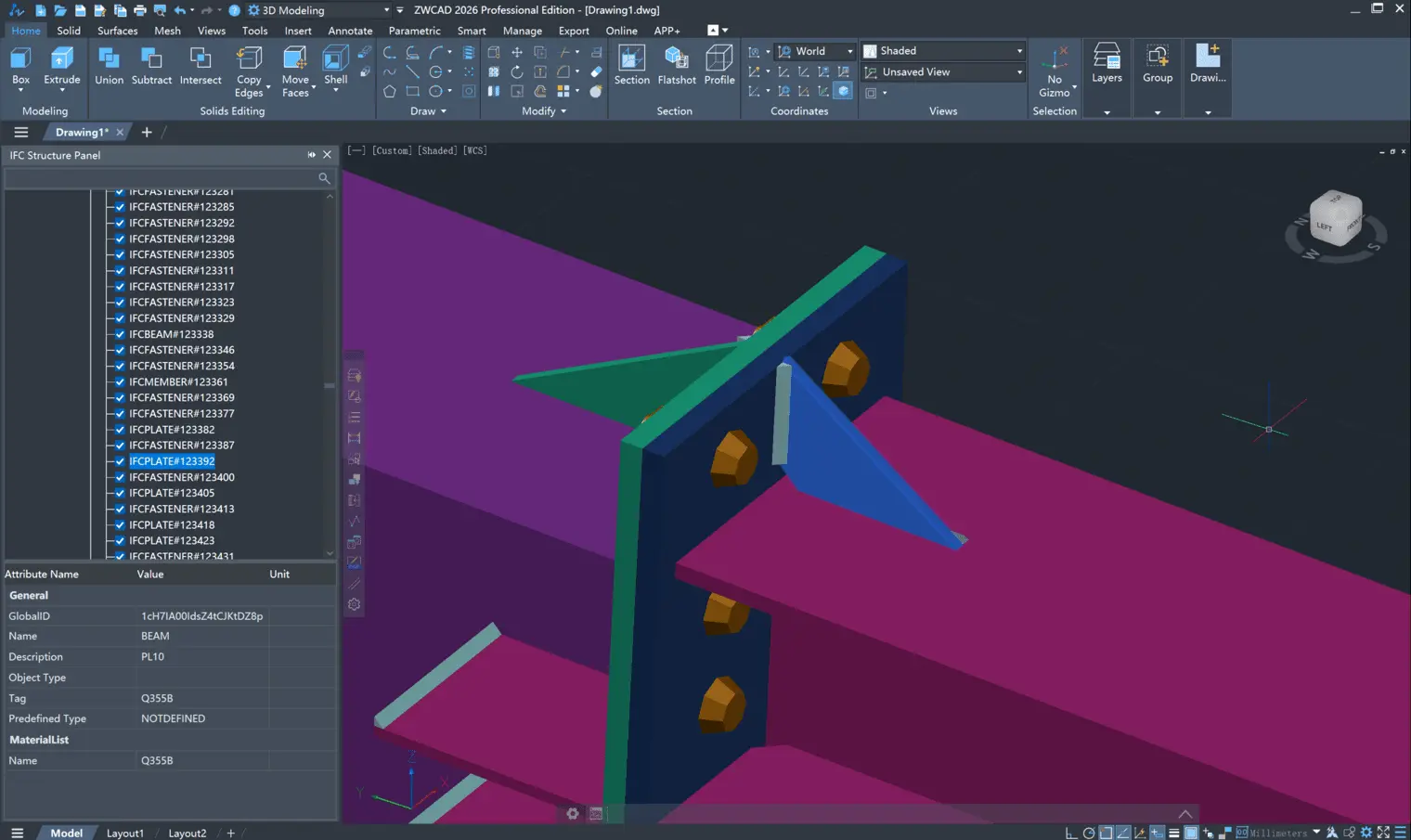 A BIM model explored in 3D in ZWCAD