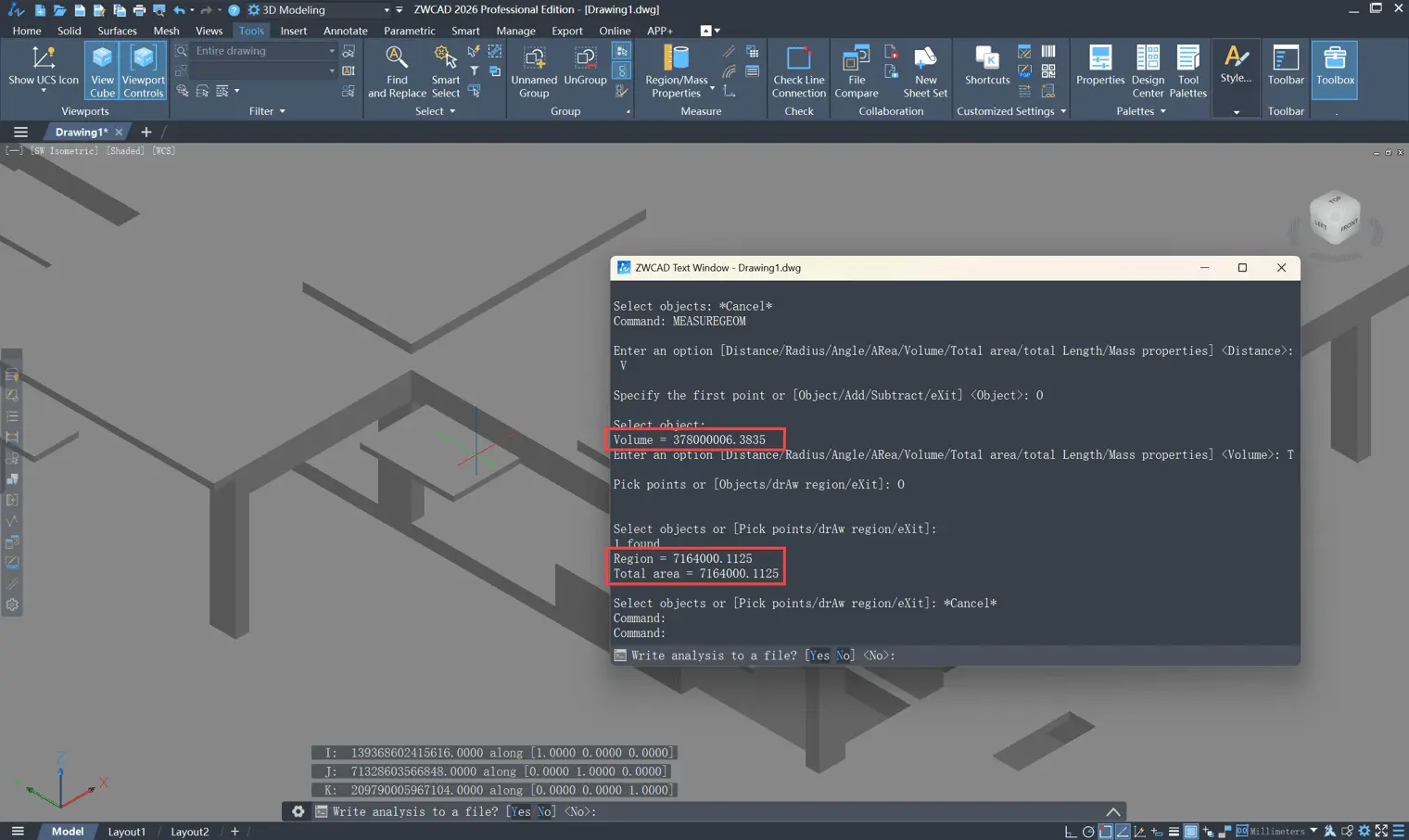 Model properties and counts extracted from a BIM model in ZWCAD