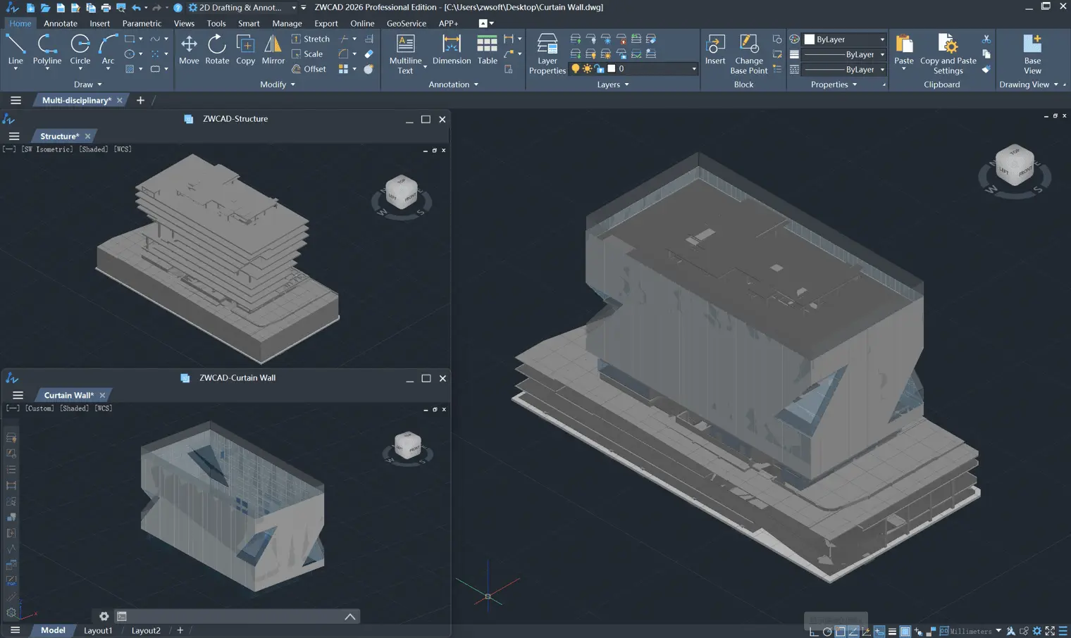 ZWCAD showing structure and curtain wall models combined in a multi-discipline view