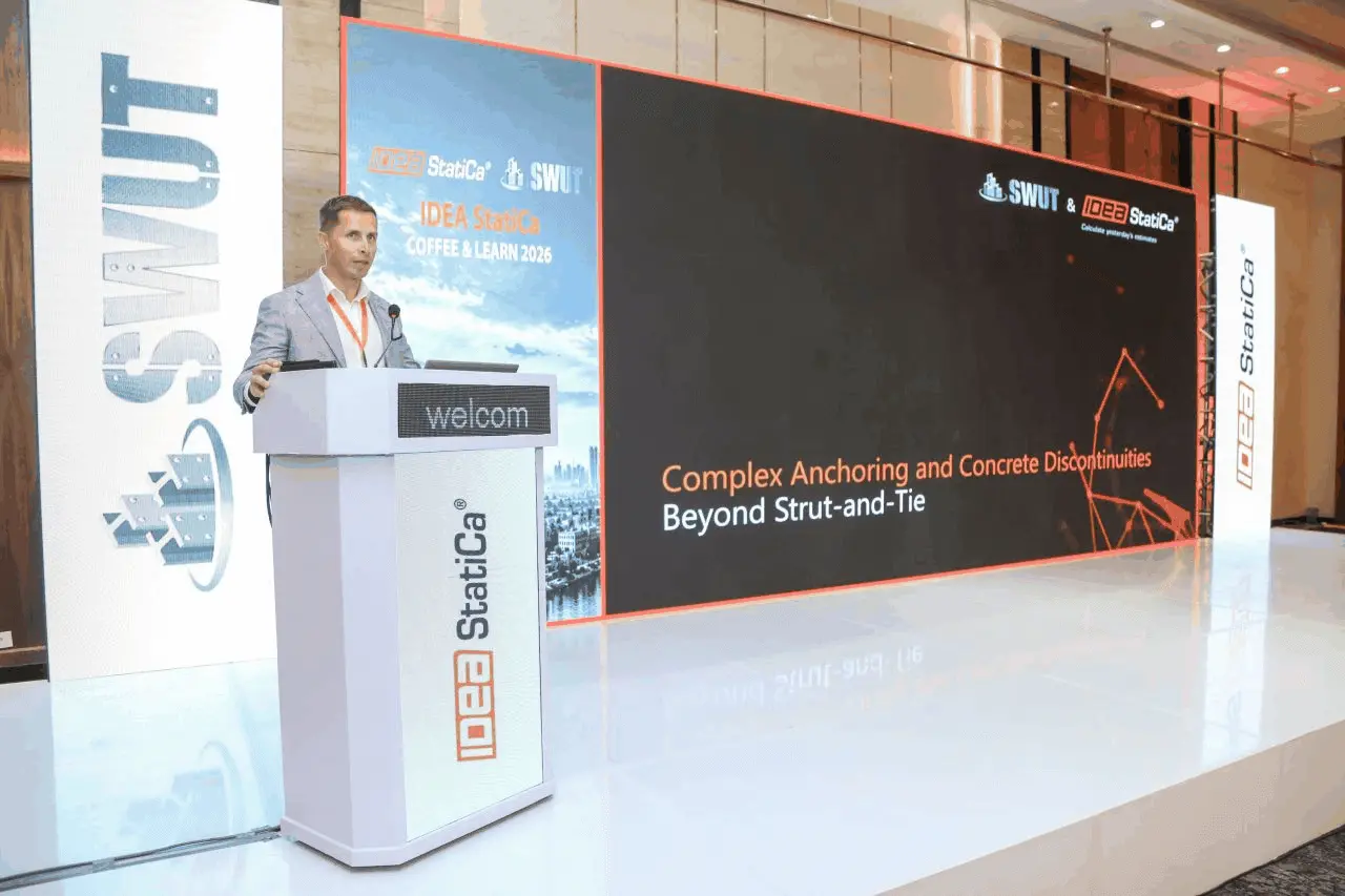 IDEA StatiCa speaker presenting Complex Anchoring and Concrete Discontinuities