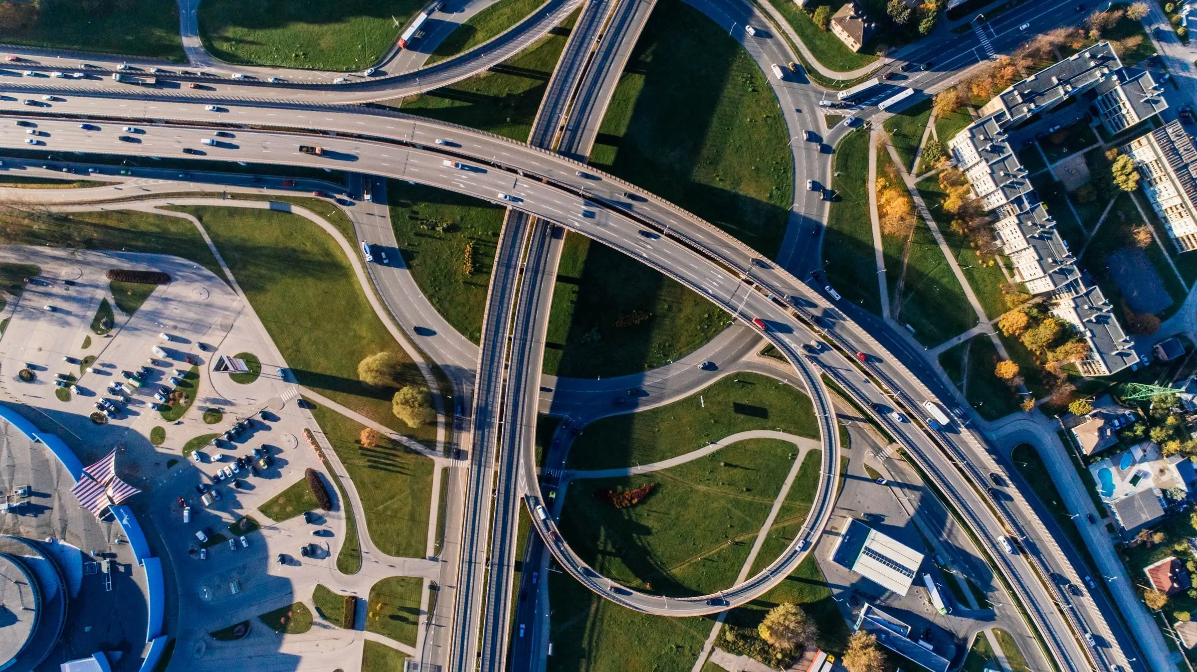 Aerial view of a concrete highway bridge and interchange