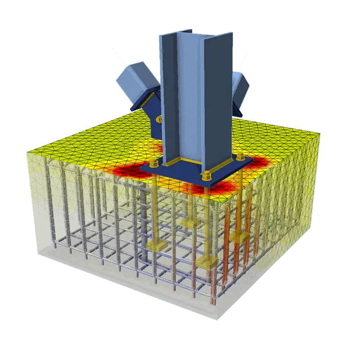 Steel column base anchored into a reinforced concrete block with IDEA StatiCa stress results