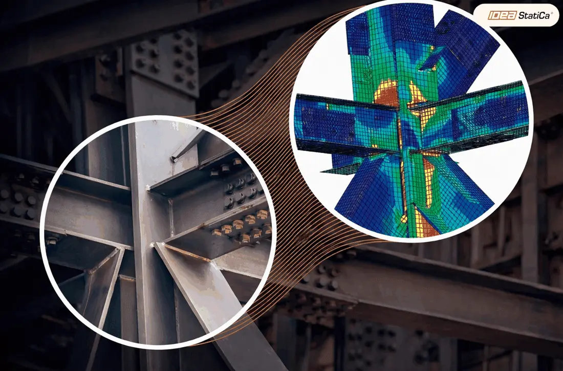 Steel connection and IDEA StatiCa stress analysis model