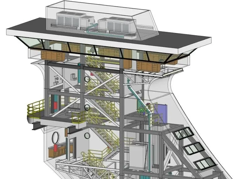 MicroStation interface showing a 3D model of a control tower