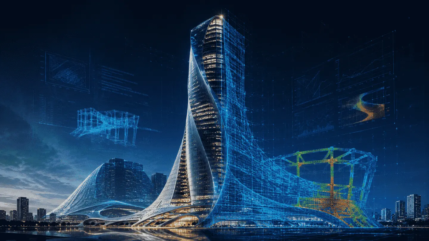 Twisting high-rise tower overlaid with a blue structural analysis wireframe