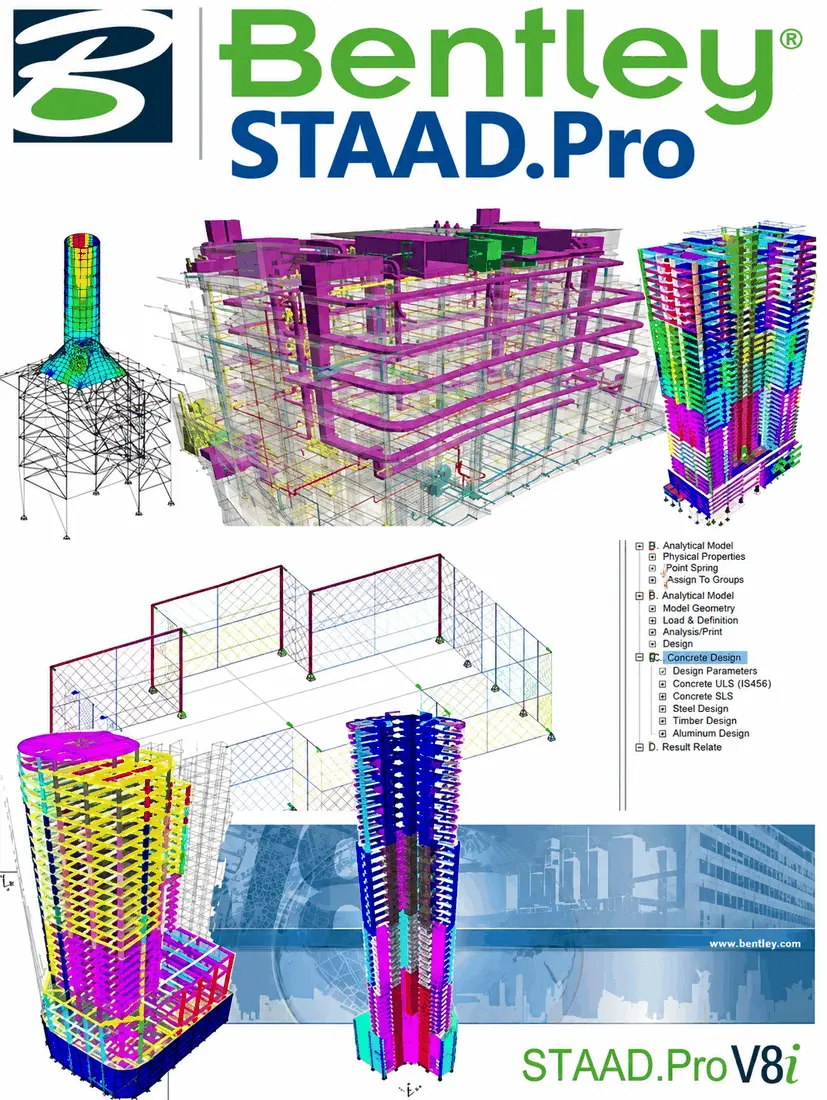 STAAD.Pro structural analysis models of towers, frames, and a chimney