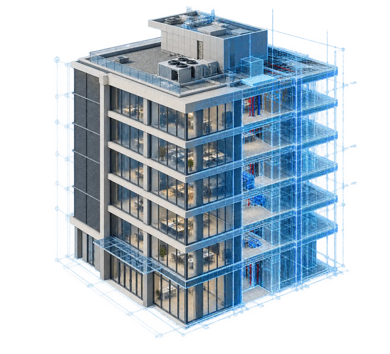 Building model with the facade and floors highlighted for review