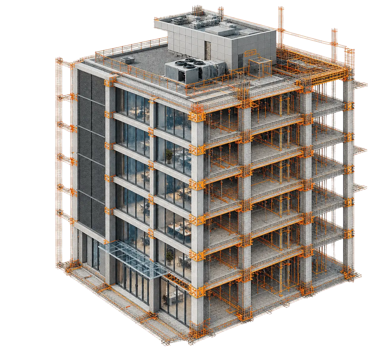 Building model with scaffolding and site works highlighted for contractors