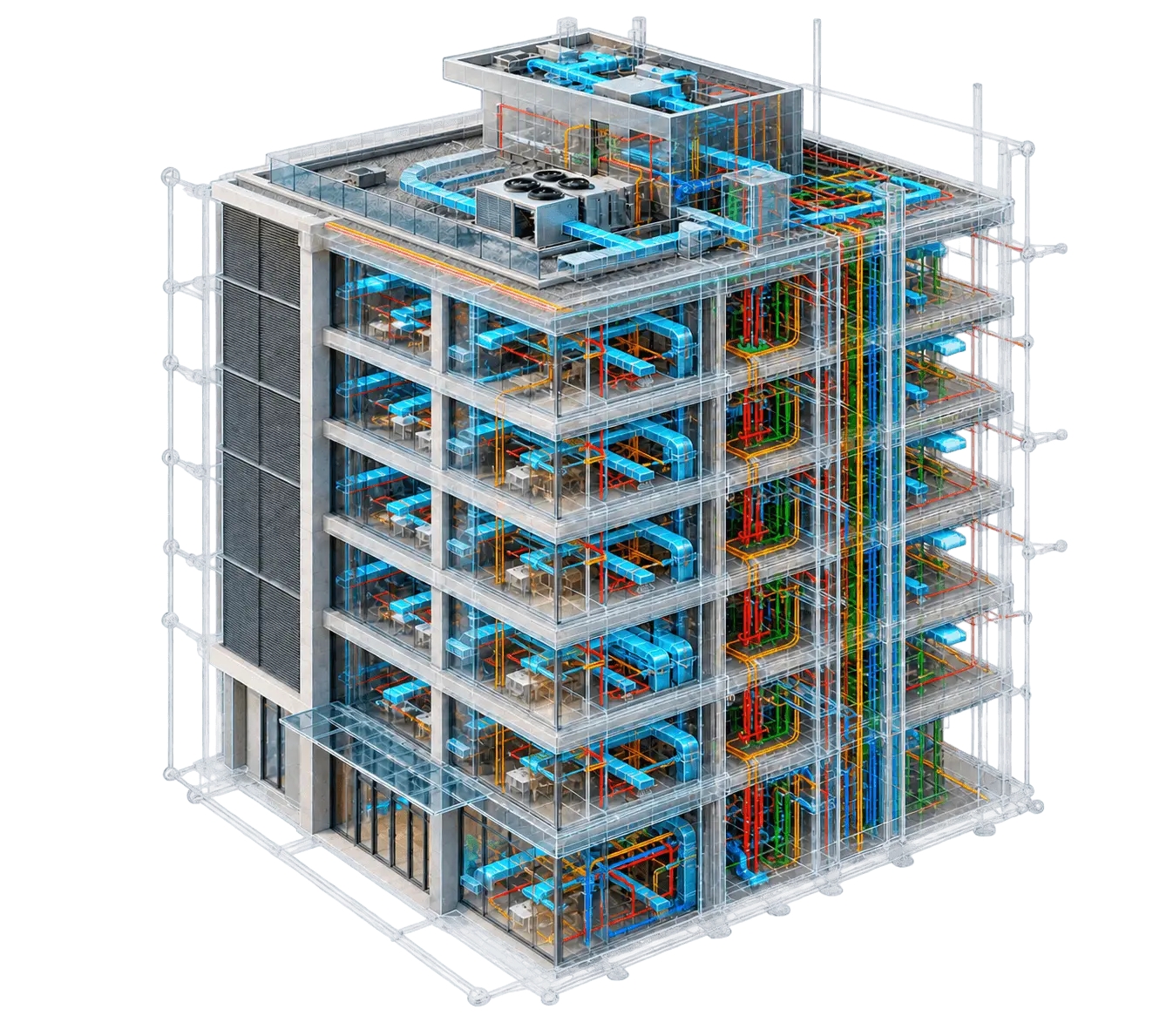 Building model with ducts, pipes and services highlighted for MEP teams