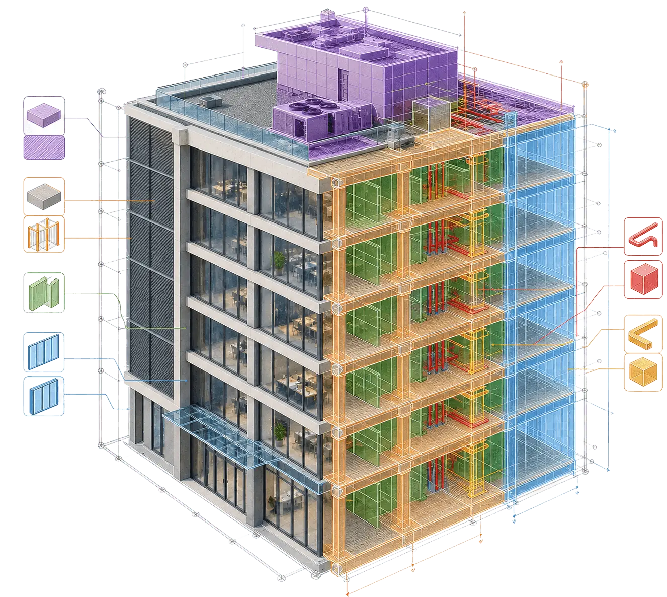 Building model with components color-coded by type for quantities